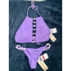 NWT $168 ALE ALESSANDRA LAVENDER COWRIE SHELL BIKINI XS BOTTOM D CUP TOP